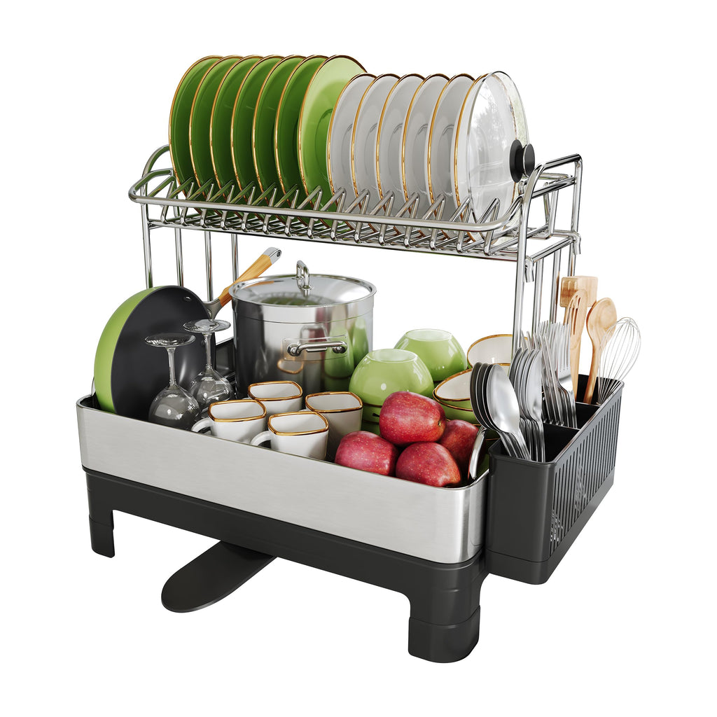 Extra Large Two Tier Stainless Steel Dish Drying Rack with Drainboard for Kitchen Counter Rust Proof