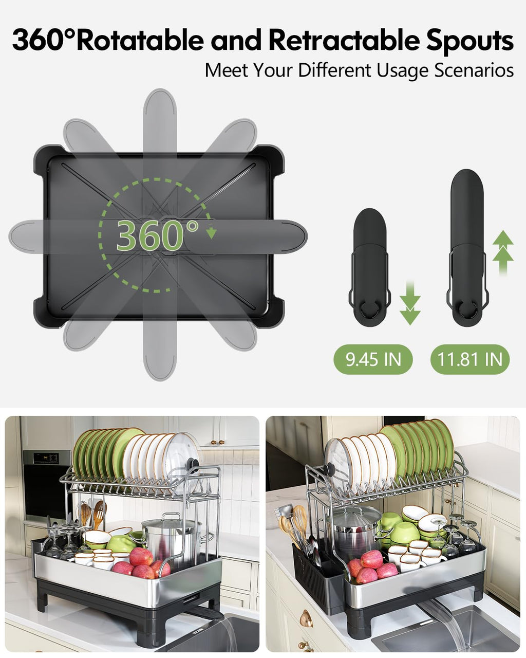 Extra Large Two Tier Stainless Steel Dish Drying Rack with Drainboard for Kitchen Counter Rust Proof