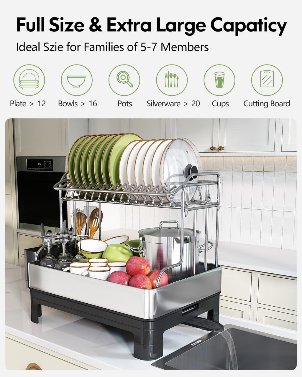Extra Large Two Tier Stainless Steel Dish Drying Rack with Drainboard for Kitchen Counter Rust Proof