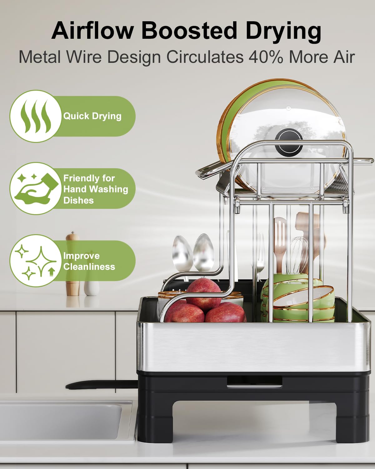 Extra Large Two Tier Stainless Steel Dish Drying Rack with Drainboard for Kitchen Counter Rust Proof