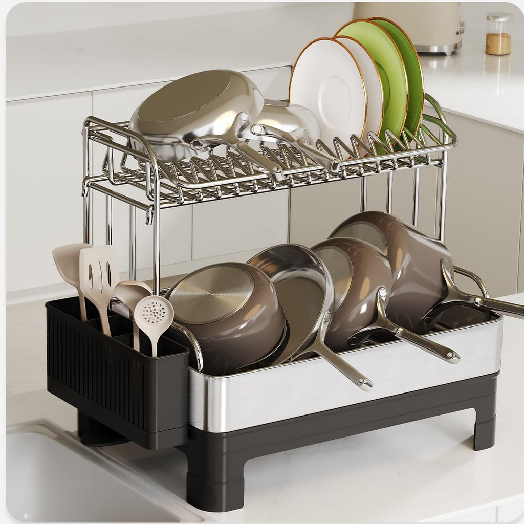 Extra Large Two Tier Stainless Steel Dish Drying Rack with Drainboard for Kitchen Counter Rust Proof