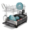 Large 2 Tier Stainless Steel Dish Drying Rack with Adjustable Drain Spout and Utensil Holders