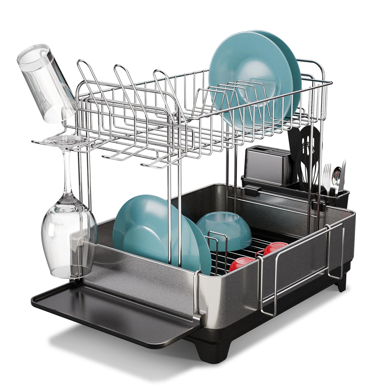 Large 2 Tier Stainless Steel Dish Drying Rack with Adjustable Drain Spout and Utensil Holders