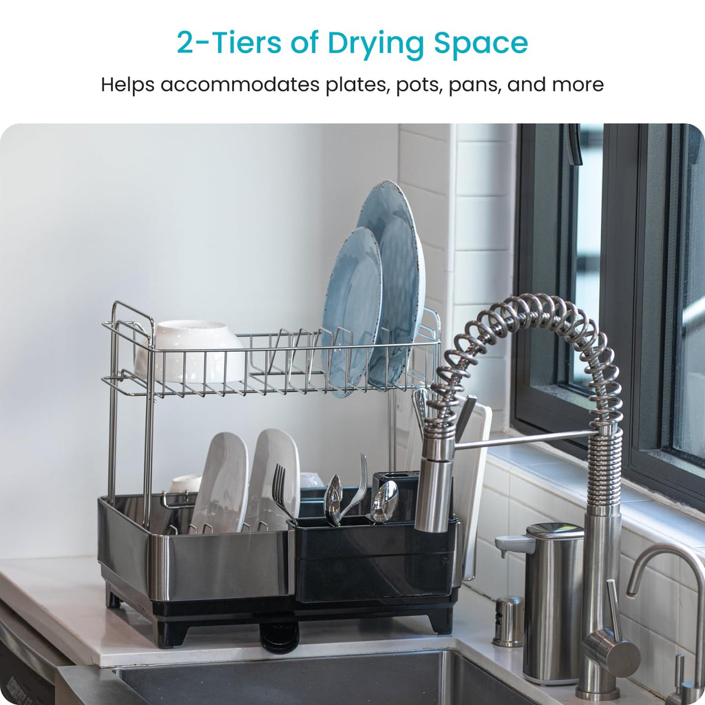 Large 2 Tier Stainless Steel Dish Drying Rack with Adjustable Drain Spout and Utensil Holders
