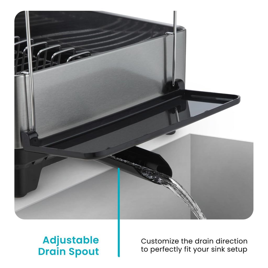 Large 2 Tier Stainless Steel Dish Drying Rack with Adjustable Drain Spout and Utensil Holders