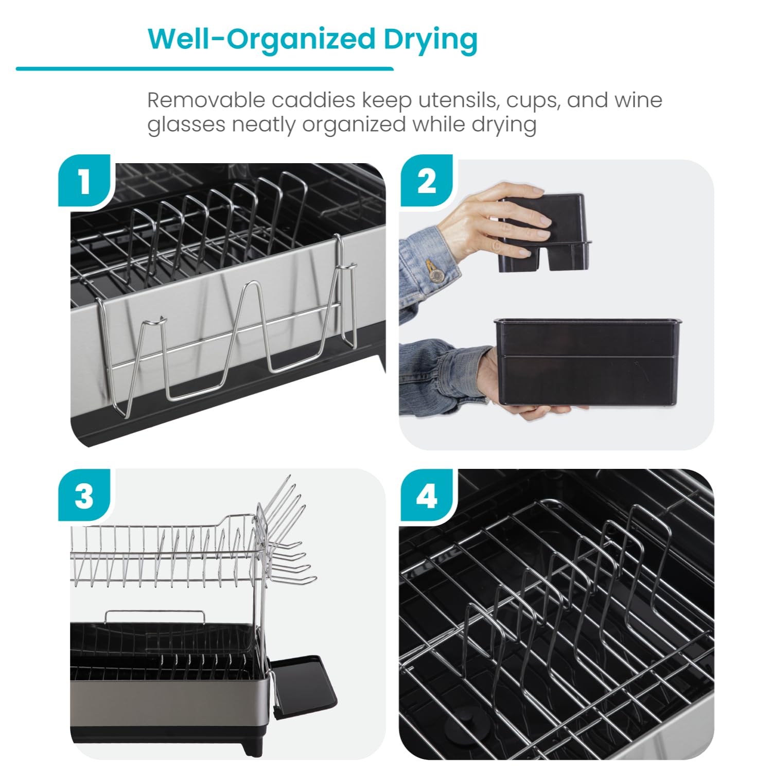 Large 2 Tier Stainless Steel Dish Drying Rack with Adjustable Drain Spout and Utensil Holders