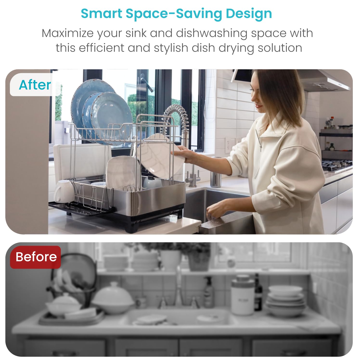 Large 2 Tier Stainless Steel Dish Drying Rack with Adjustable Drain Spout and Utensil Holders