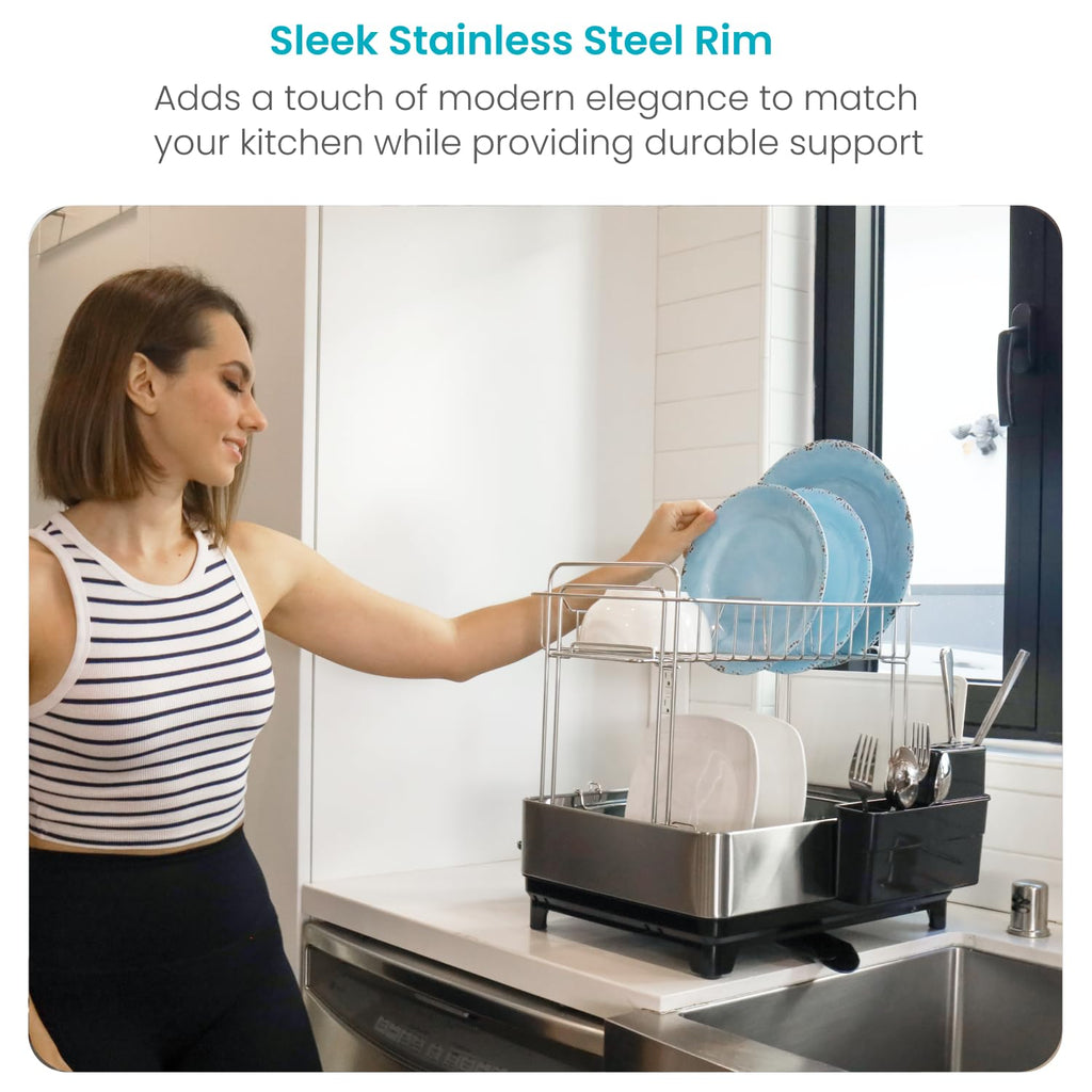 Large 2 Tier Stainless Steel Dish Drying Rack with Adjustable Drain Spout and Utensil Holders