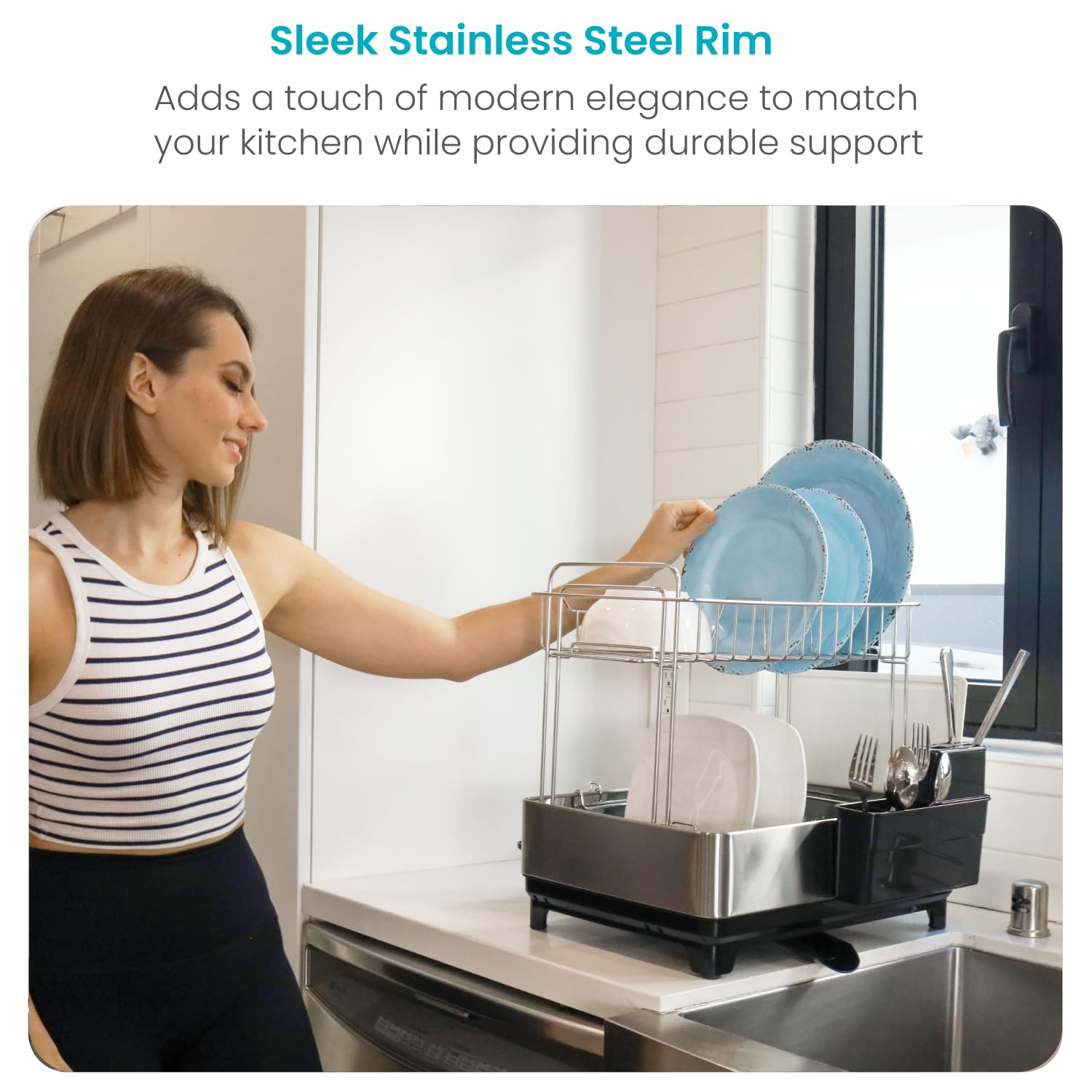 Large 2 Tier Stainless Steel Dish Drying Rack with Adjustable Drain Spout and Utensil Holders