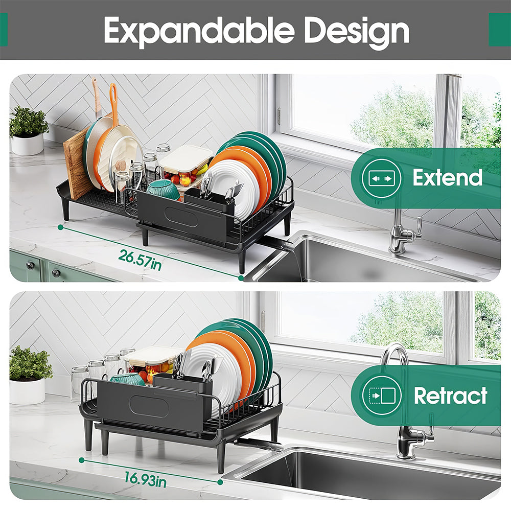 Large Extendable Dish Drying Rack with Drainboard Adjustable Anti Leakage for Kitchen Counter