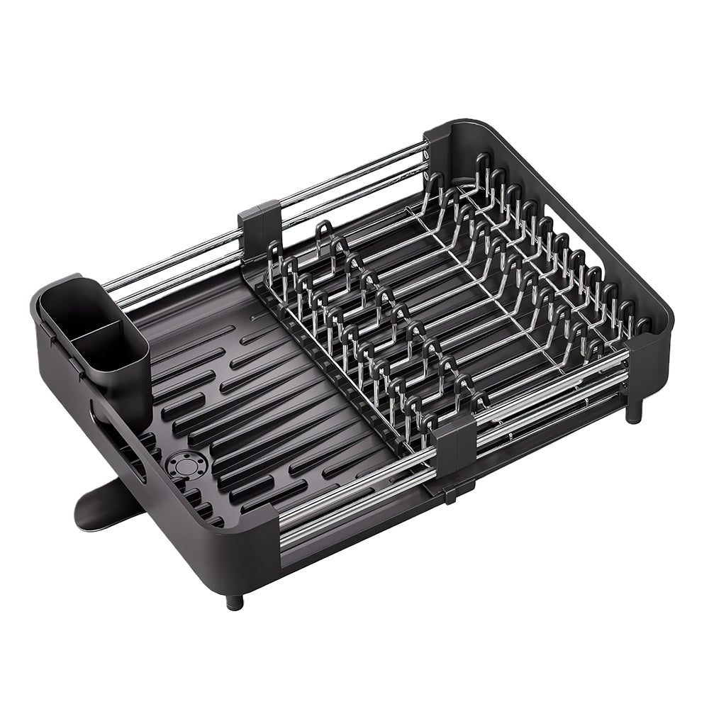 Extendable Dish Drying Rack with Drainboard and Cutlery Holder Foldable Aluminum Design