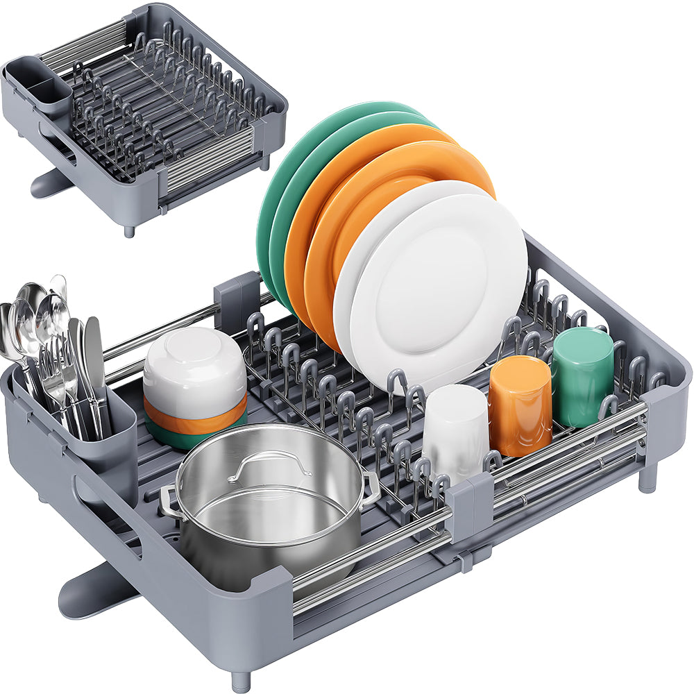 Extendable Dish Drying Rack with Drainboard and Cutlery Holder Foldable Aluminum Design