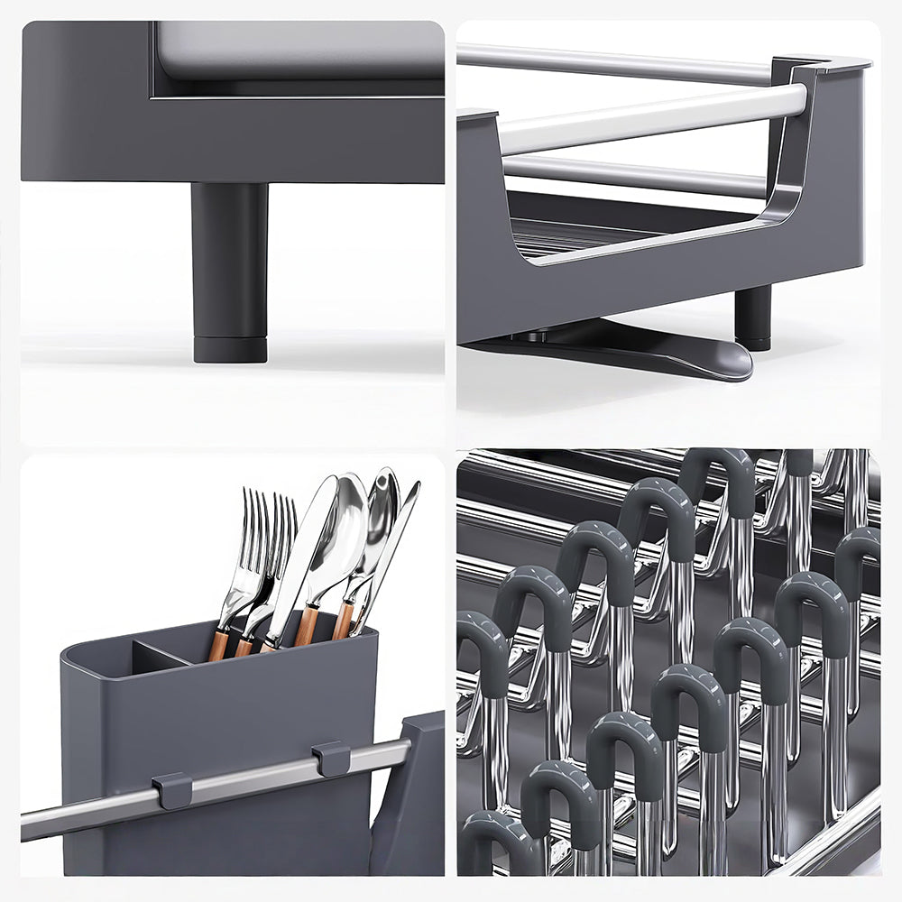 Extendable Dish Drying Rack with Drainboard and Cutlery Holder Foldable Aluminum Design