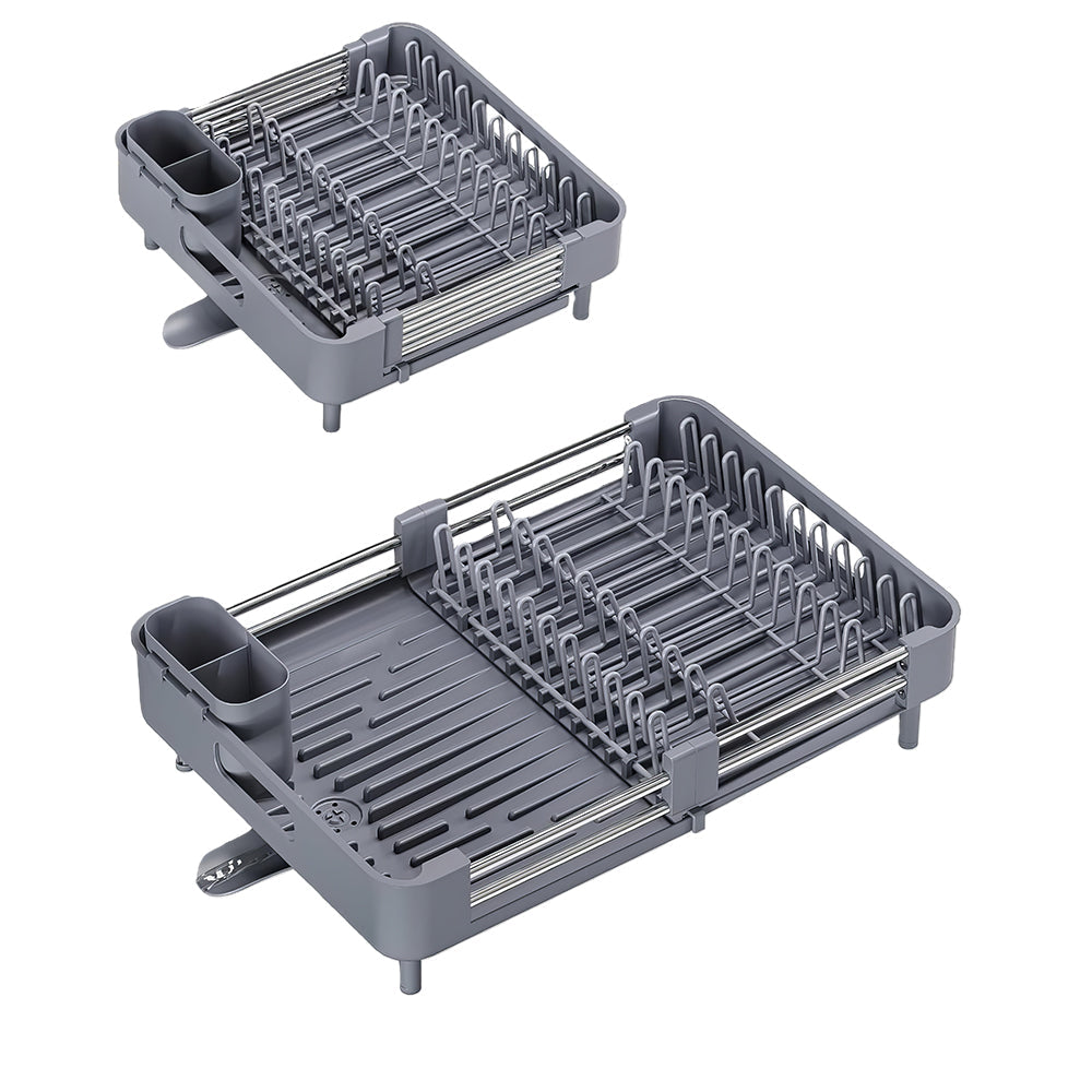 Extendable Dish Drying Rack with Drainboard and Cutlery Holder Foldable Aluminum Design