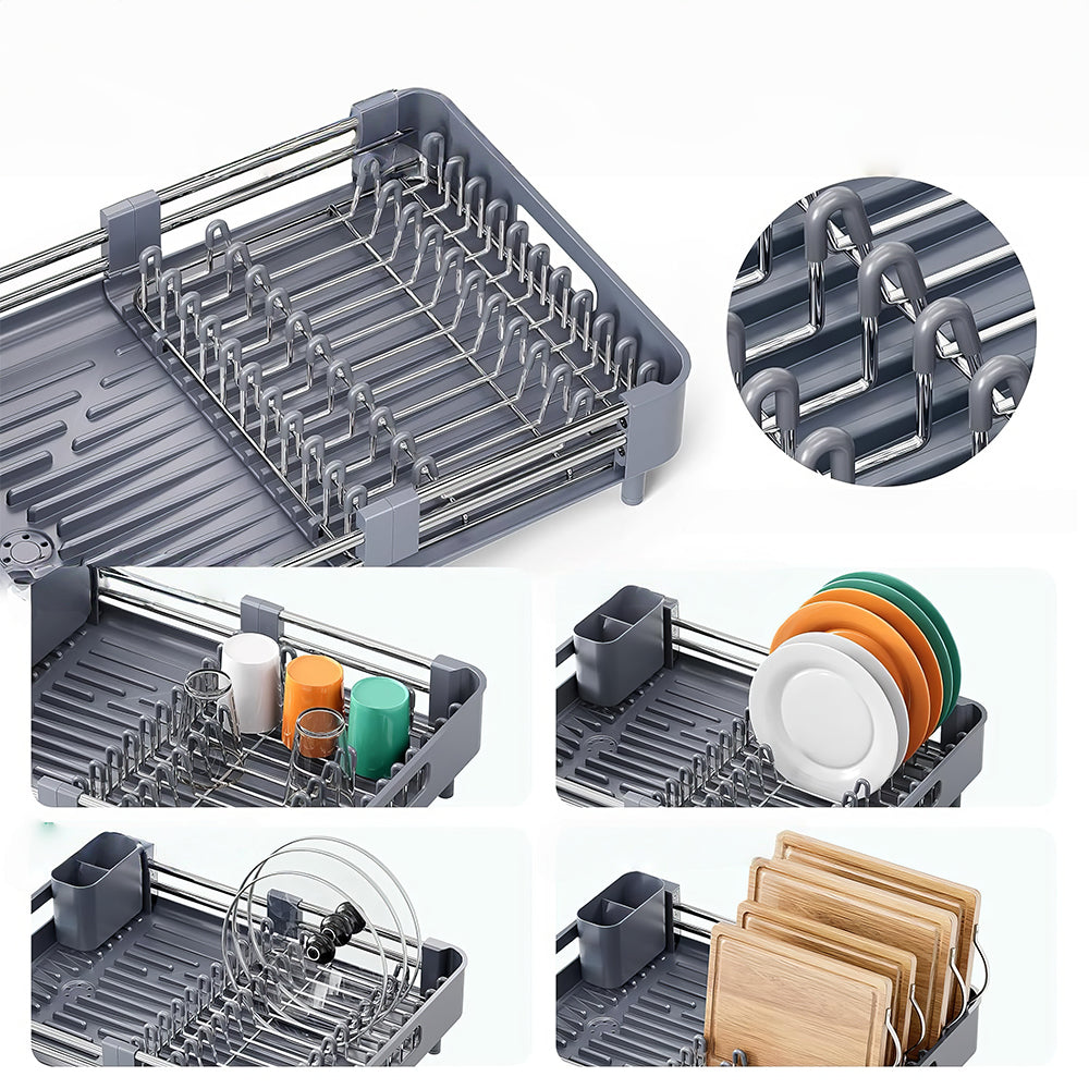 Extendable Dish Drying Rack with Drainboard and Cutlery Holder Foldable Aluminum Design