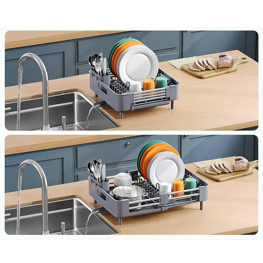 Extendable Foldable Aluminum Dish Drying Rack with Drainboard and Cutlery Holde Ismatind