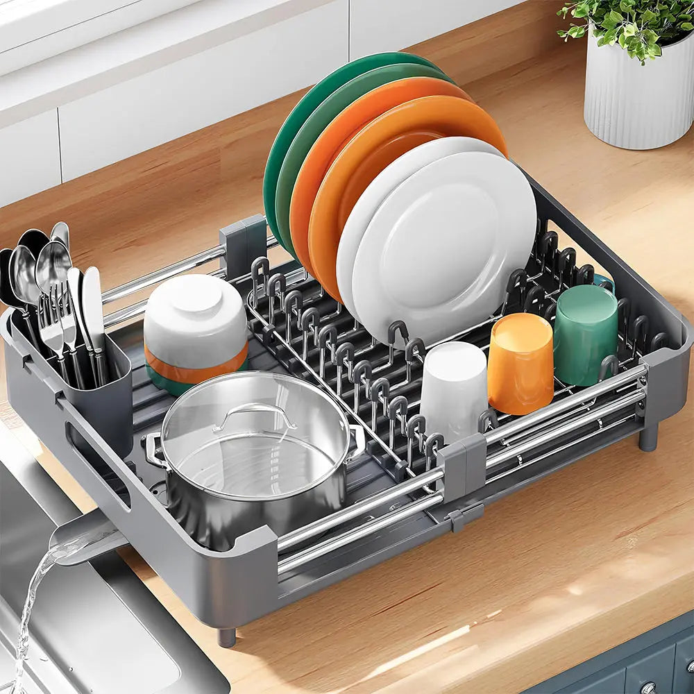 Extendable Foldable Aluminum Dish Drying Rack with Drainboard and Cutlery Holde Ismatind
