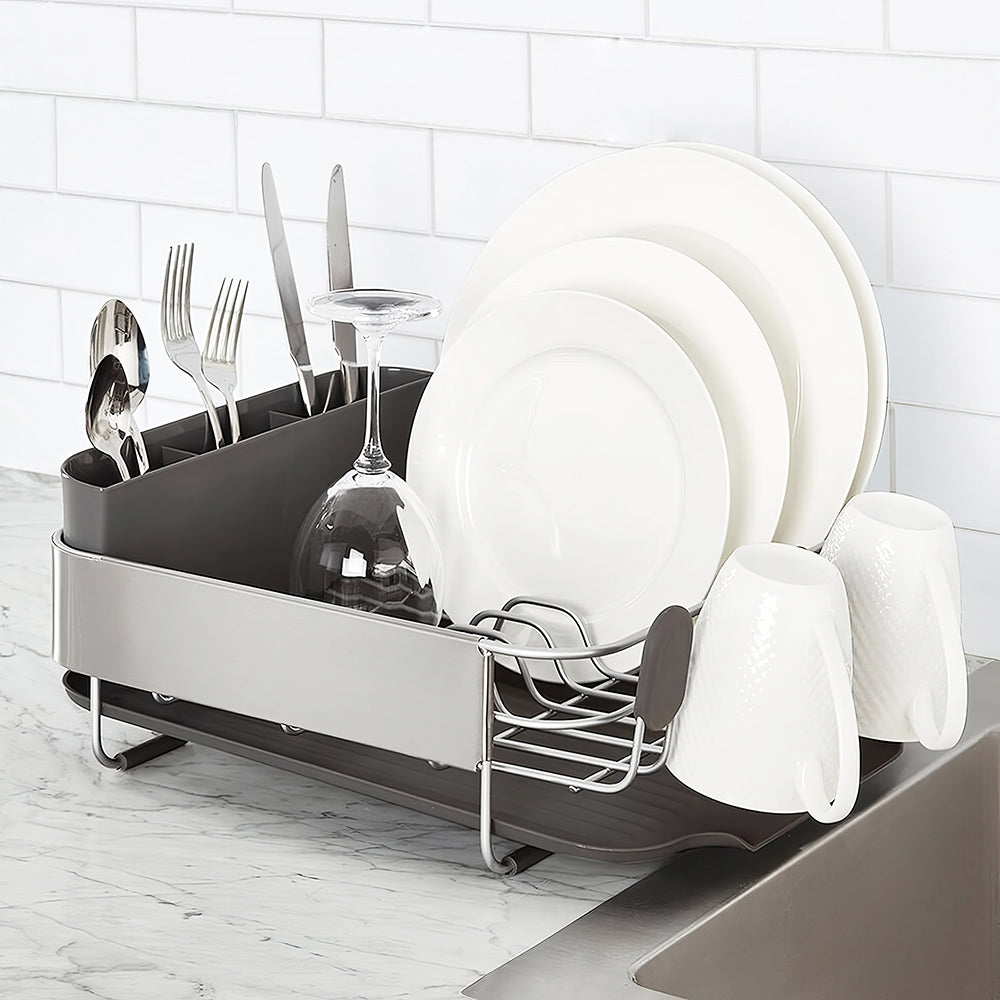 Compact Dish Drying Rack with Self Draining Board Stainless Steel Flatware Caddy for Kitchen