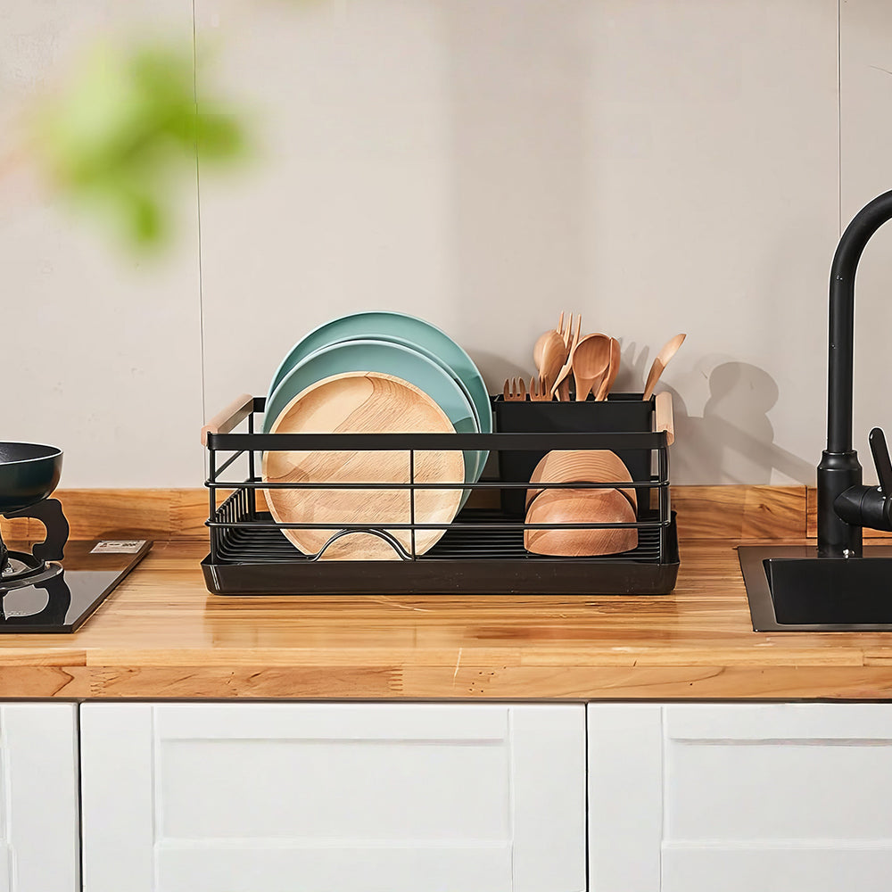 Stainless Steel Dish Drying Rack with Removable Cutlery Holder and Drainboard for Kitchen Counter