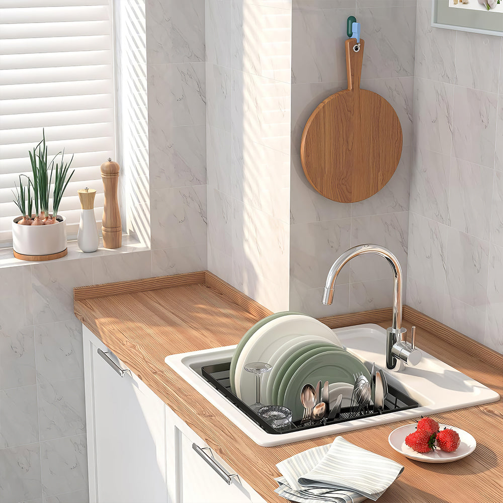 Kitchen Dish Drying Rack Set with Drainboard Full Mesh Utensil Holder Silverware Caddy