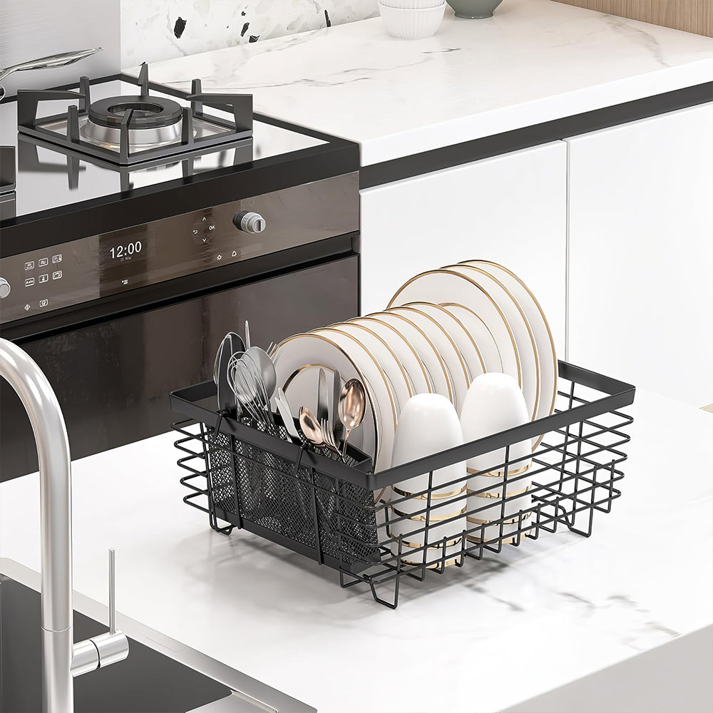 Kitchen Dish Drying Rack Set with Drainboard Full Mesh Utensil Holder Silverware Caddy