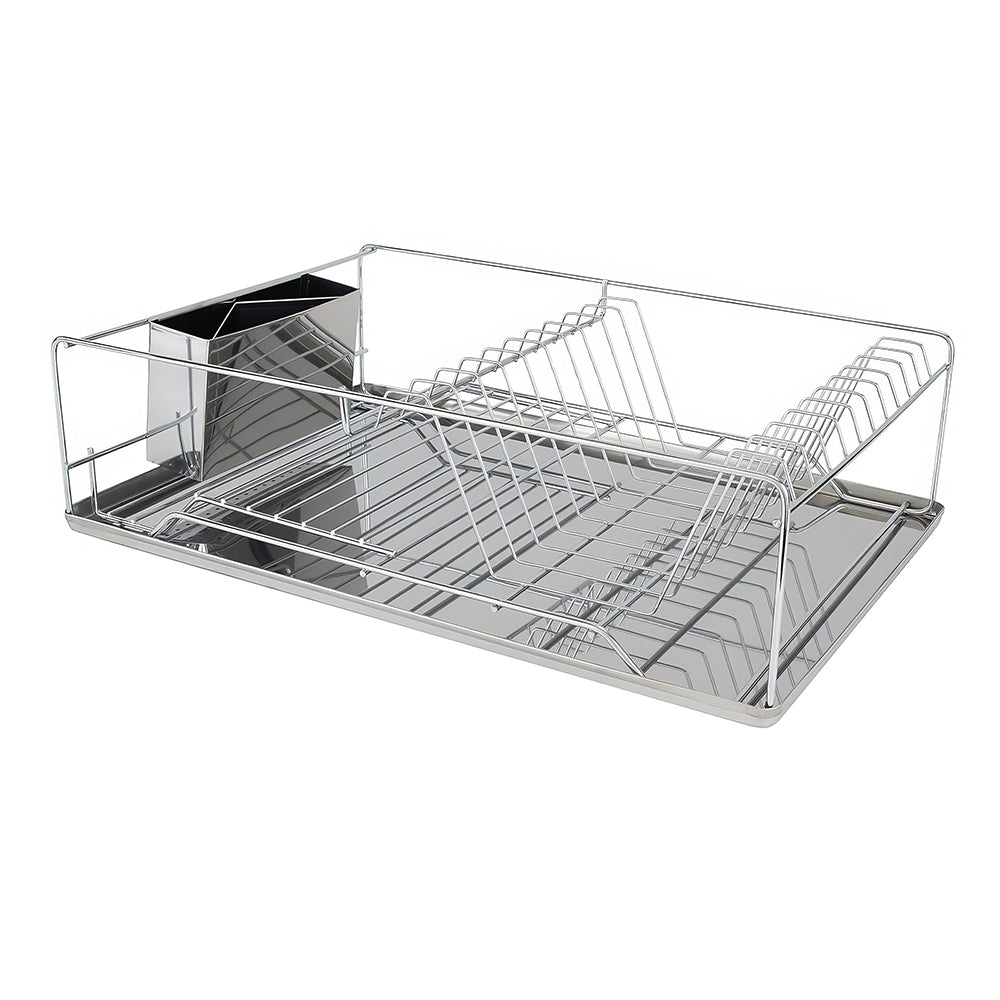 3 Piece Dish Drying Rack with Drain Tray and Cutlery Holder Chrome Stainless Steel Countertop