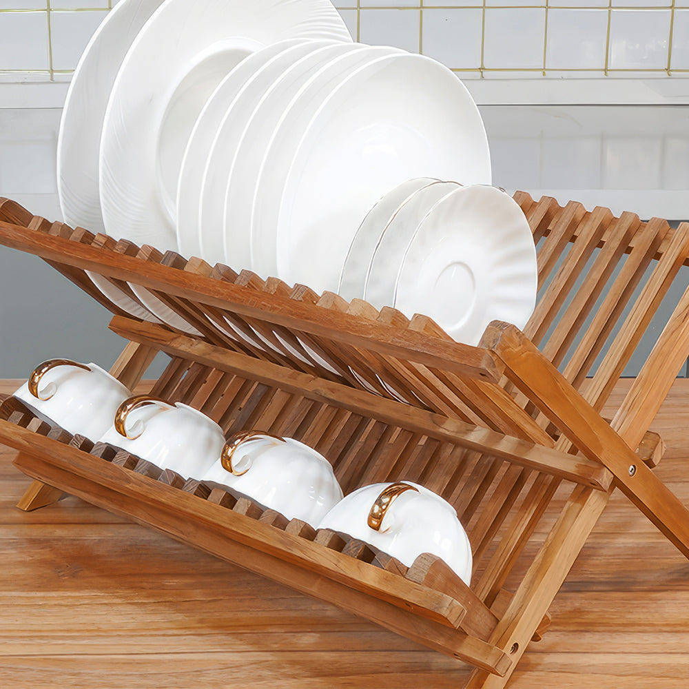2 Tier Foldable Teak Wood Dish Drying Rack Collapsible Plate Organizer for Kitchen Counter