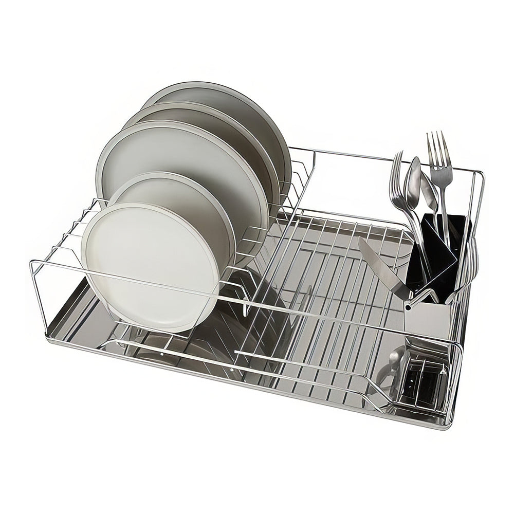 3 Piece Dish Drying Rack with Drain Tray and Cutlery Holder Chrome Stainless Steel Countertop