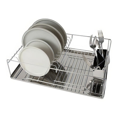 3 Piece Dish Drying Rack with Drain Tray and Cutlery Holder Chrome Stainless Steel Countertop