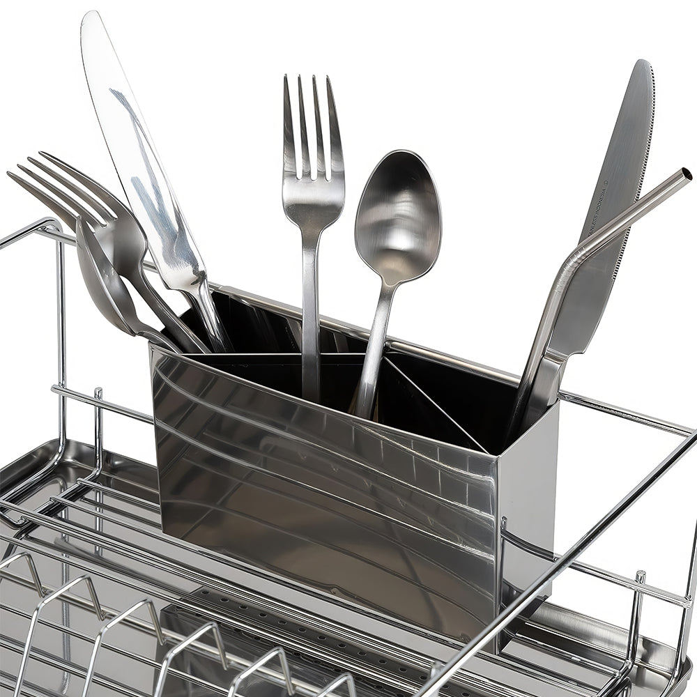 3 Piece Dish Drying Rack with Drain Tray and Cutlery Holder Chrome Stainless Steel Countertop