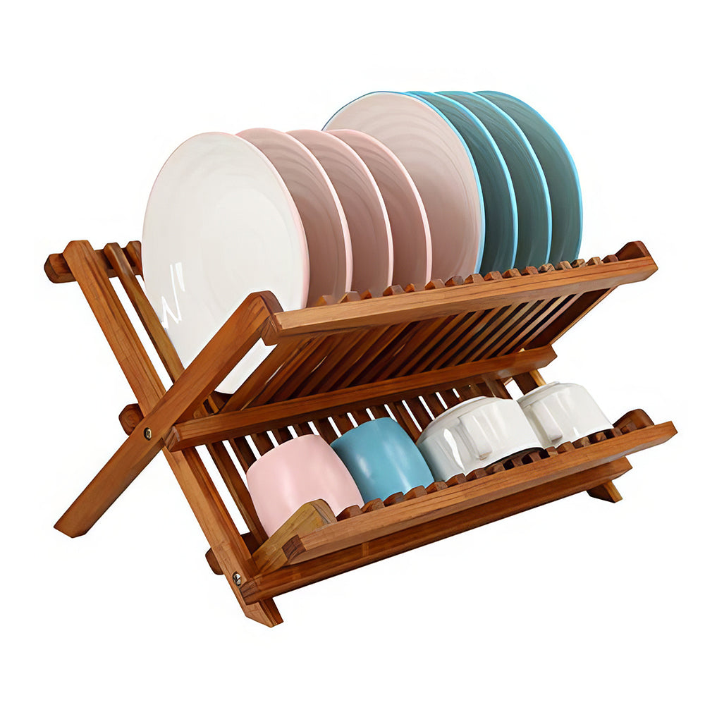 2 Tier Foldable Teak Wood Dish Drying Rack Collapsible Plate Organizer for Kitchen Counter