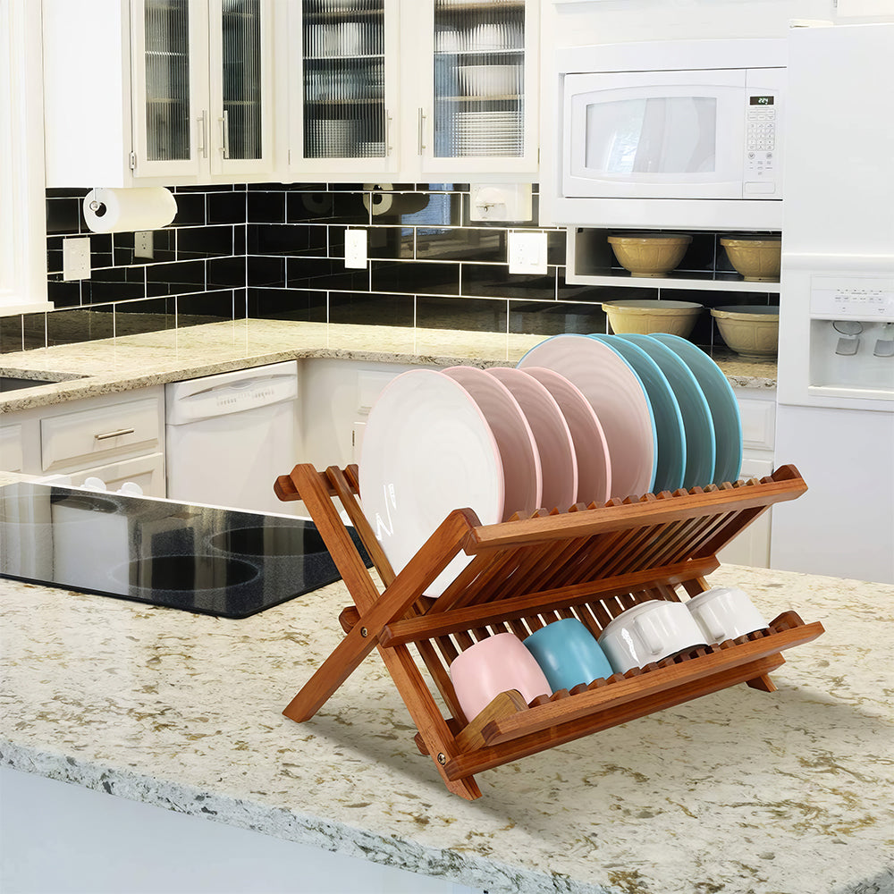 2 Tier Foldable Teak Wood Dish Drying Rack Collapsible Plate Organizer for Kitchen Counter