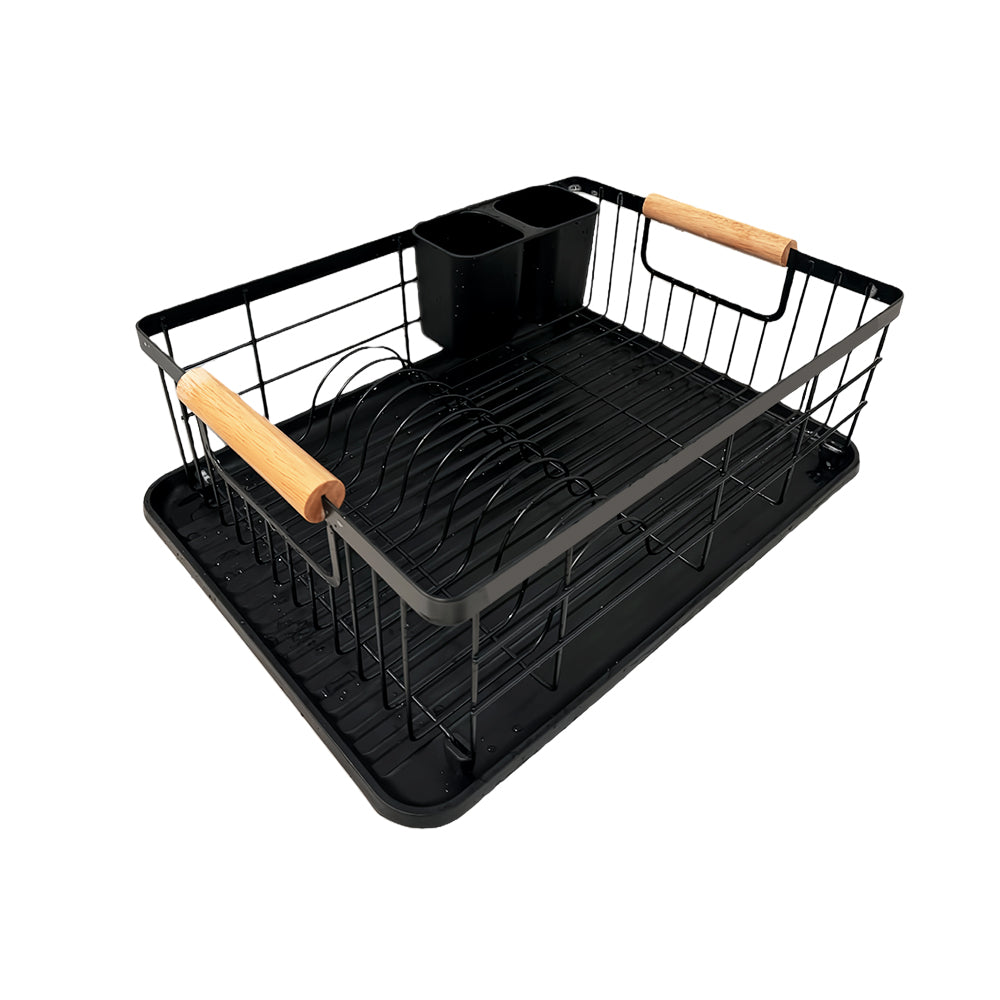 Carbon Steel Dish Drying Rack with Drainboard Beechwood Handles Removable Cutlery Basket