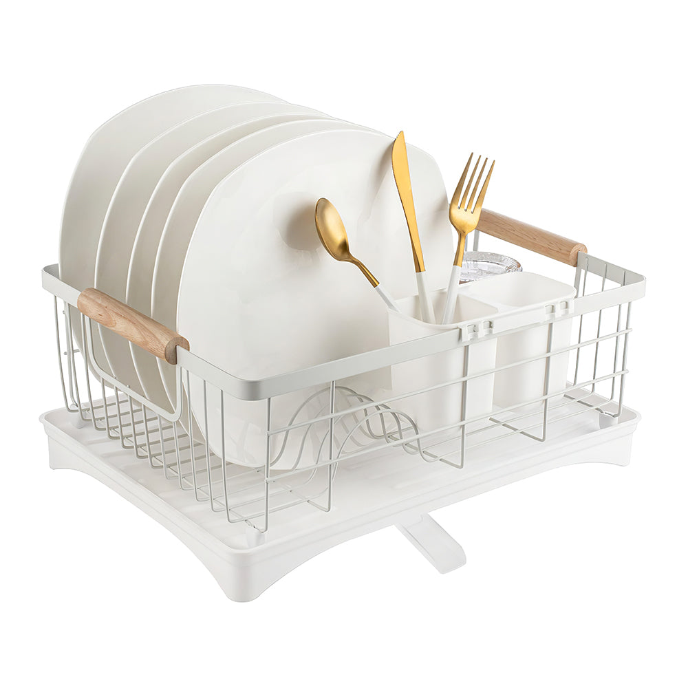 Carbon Steel Dish Drying Rack with Drainboard Beechwood Handles Removable Cutlery Basket
