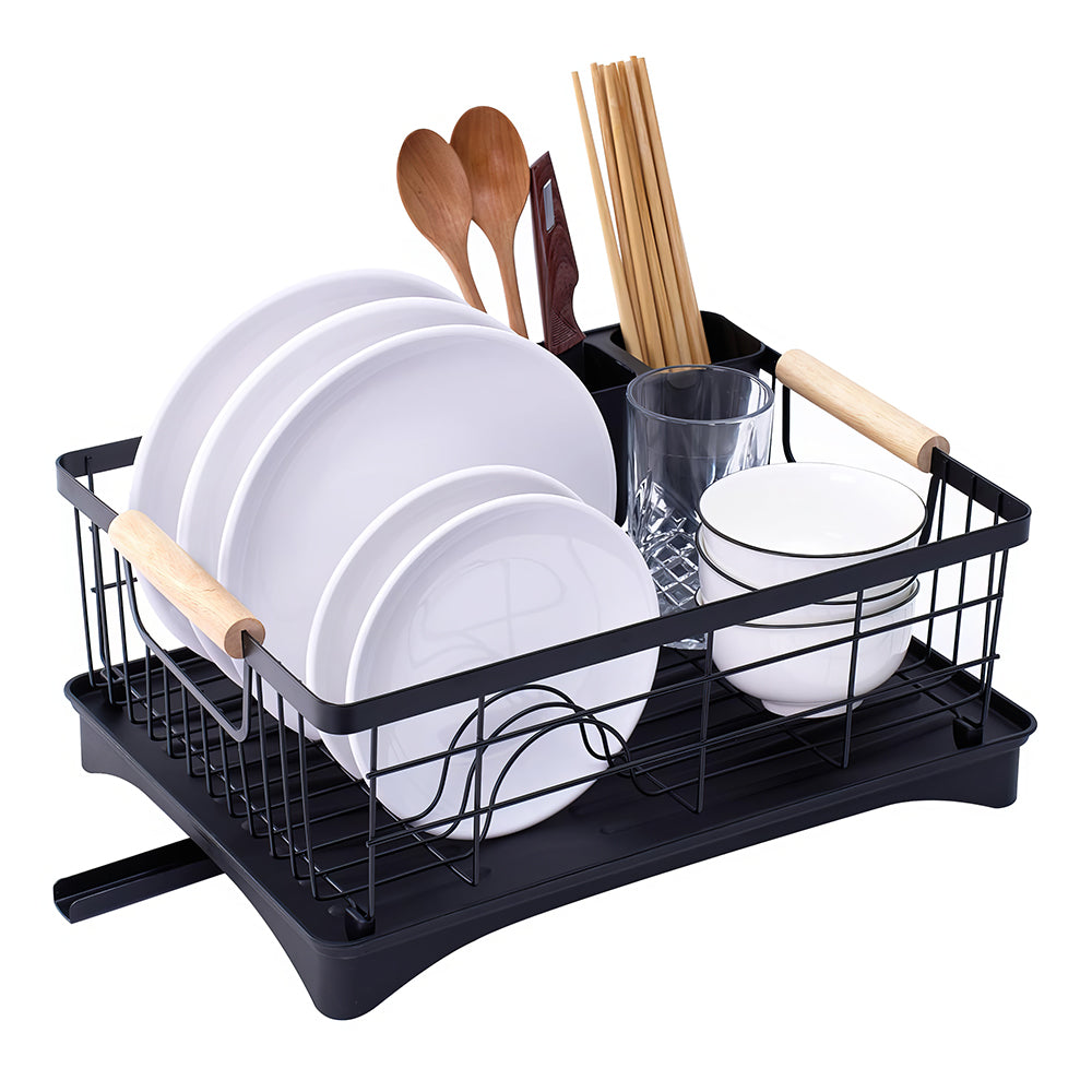 Carbon Steel Dish Drying Rack with Drainboard Beechwood Handles Removable Cutlery Basket