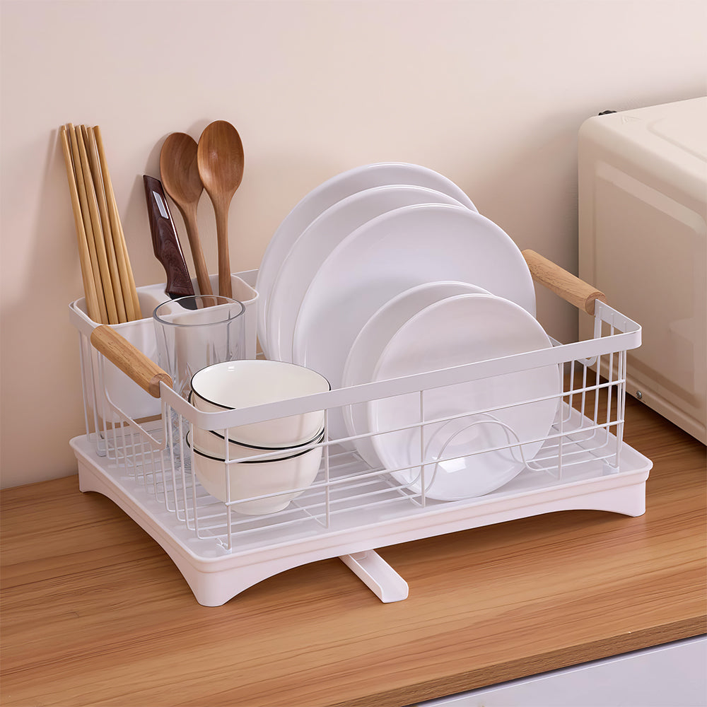 Carbon Steel Dish Drying Rack with Drainboard Beechwood Handles Removable Cutlery Basket