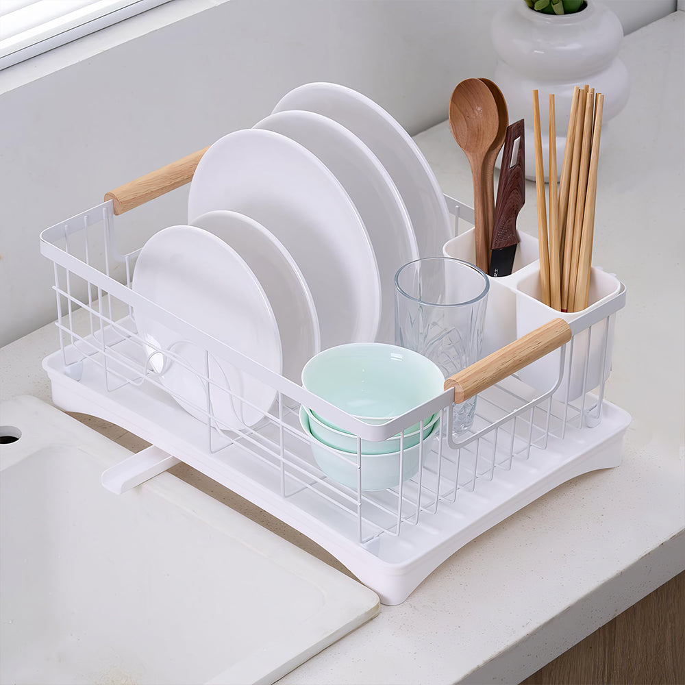 Carbon Steel Dish Drying Rack with Drainboard Beechwood Handles Removable Cutlery Basket