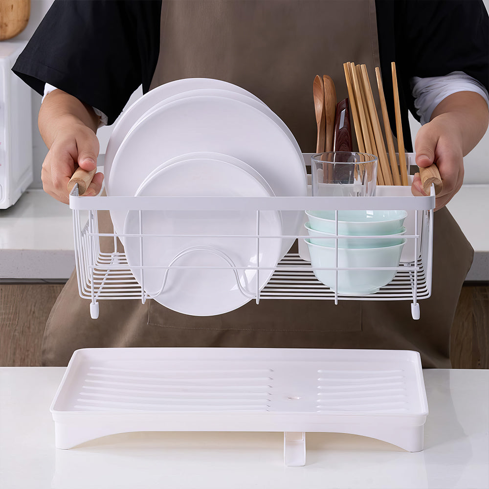 Carbon Steel Dish Drying Rack with Drainboard Beechwood Handles Removable Cutlery Basket