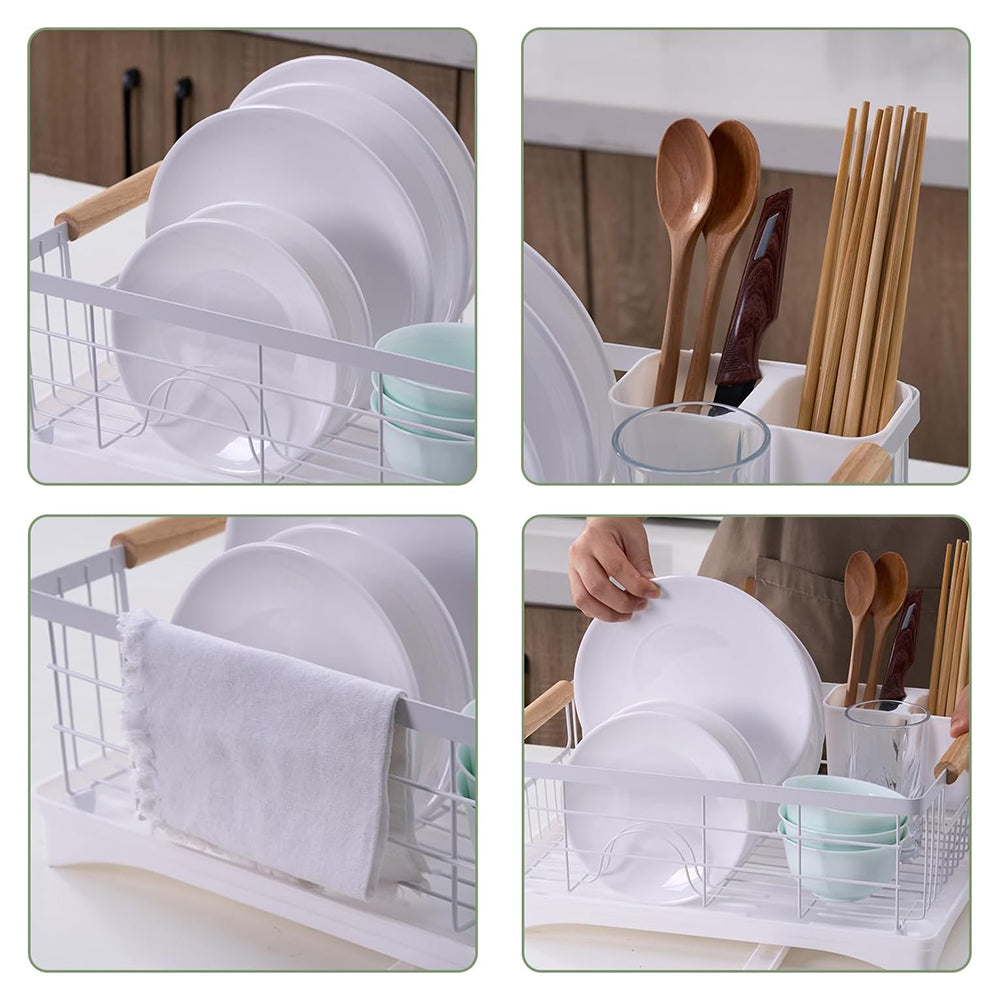 Carbon Steel Dish Drying Rack with Drainboard Beechwood Handles Removable Cutlery Basket