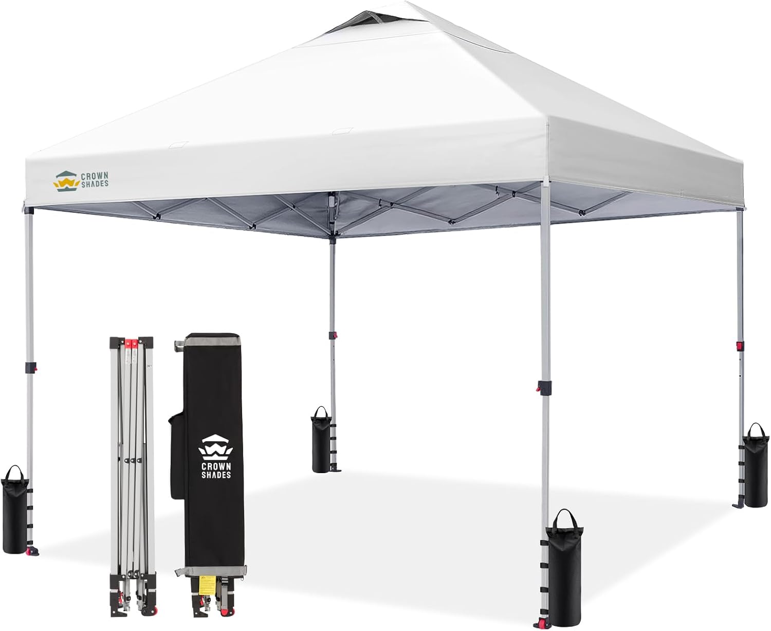 Crown Shades 10x10 Pop Up Canopy - Beach Tent with One Push Setup - Outdoor Sun Shade for Events, Parties, Camping - Gazebo with STO-N-Go Cover Bag, Silver Coated Top, 3 Height& 4 Sand Bags, Yellow woonhhop