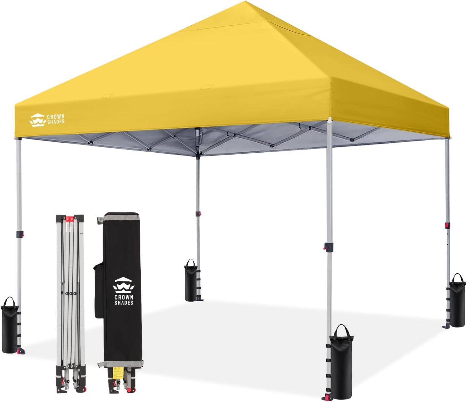 Crown Shades 10x10 Pop Up Canopy - Beach Tent with One Push Setup - Outdoor Sun Shade for Events, Parties, Camping - Gazebo with STO-N-Go Cover Bag, Silver Coated Top, 3 Height& 4 Sand Bags, Yellow woonhhop