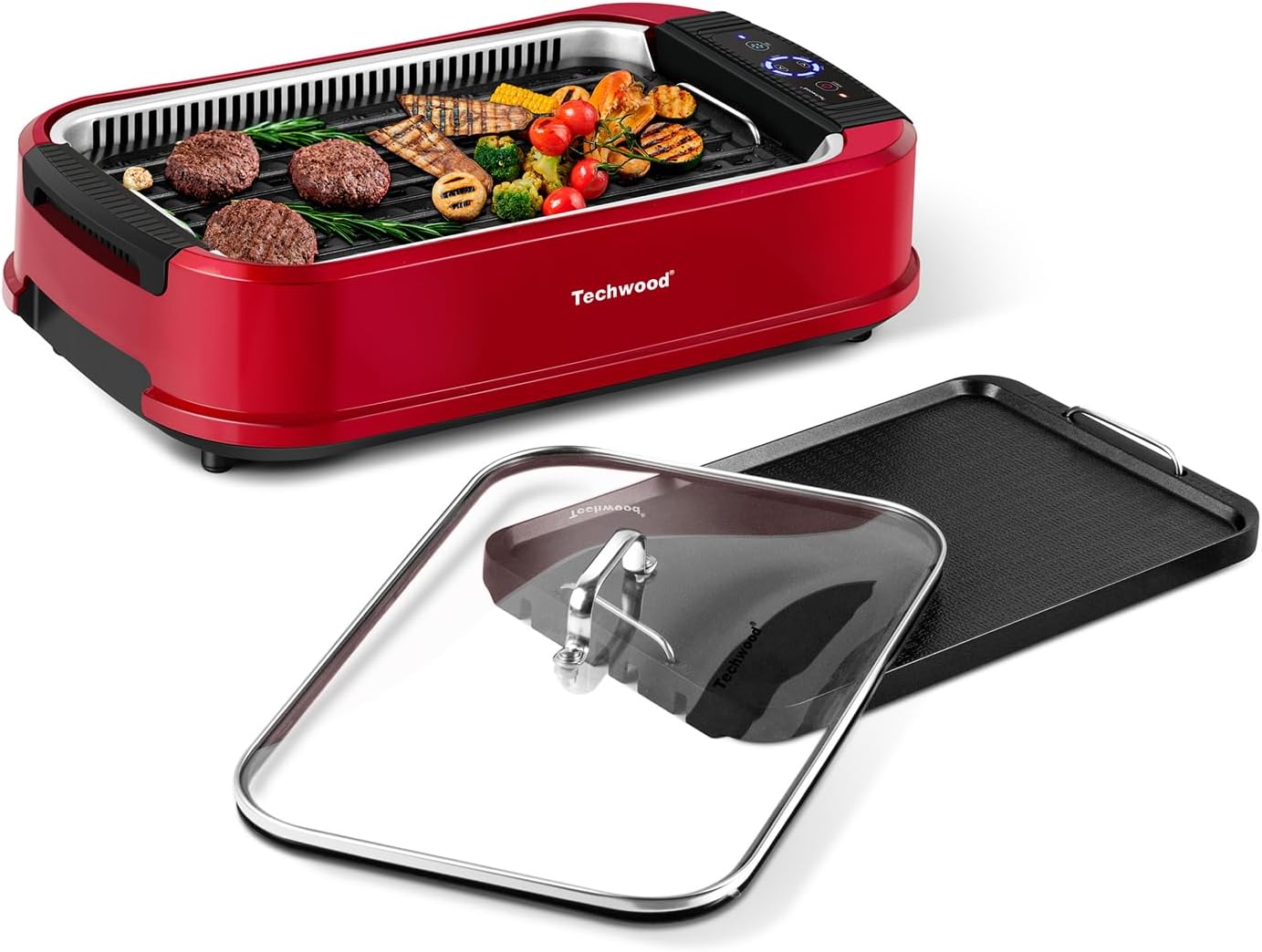 Indoor Grill, Techwood 1500W Smokeless Electric Grill with Tempered Glass Lid, Compact & Portable Non-Stick BBQ Grill with 6-Level Control, Dishwasher Safe, Black woonhhop