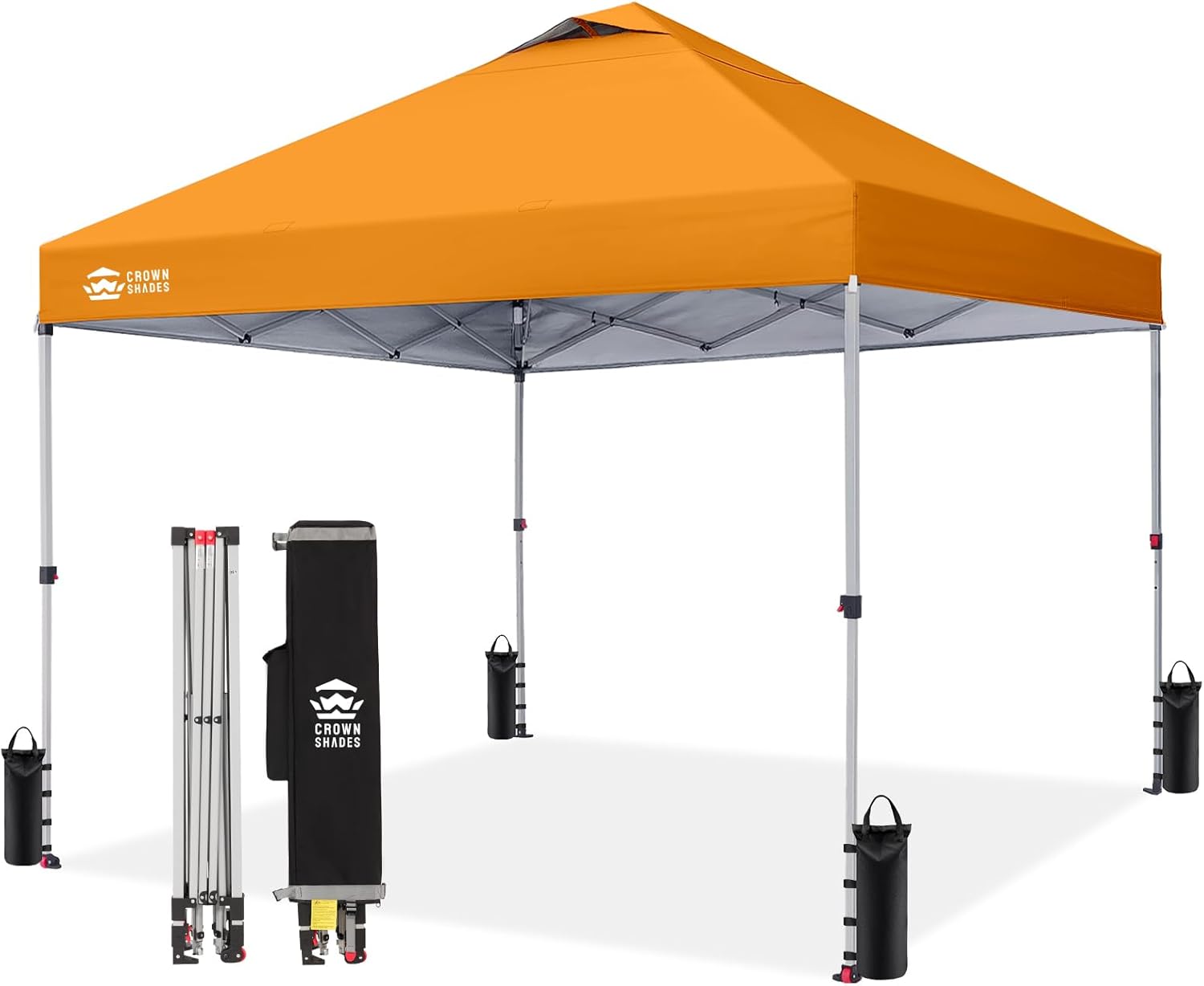 Crown Shades 10x10 Pop Up Canopy - Beach Tent with One Push Setup - Outdoor Sun Shade for Events, Parties, Camping - Gazebo with STO-N-Go Cover Bag, Silver Coated Top, 3 Height& 4 Sand Bags, Yellow woonhhop