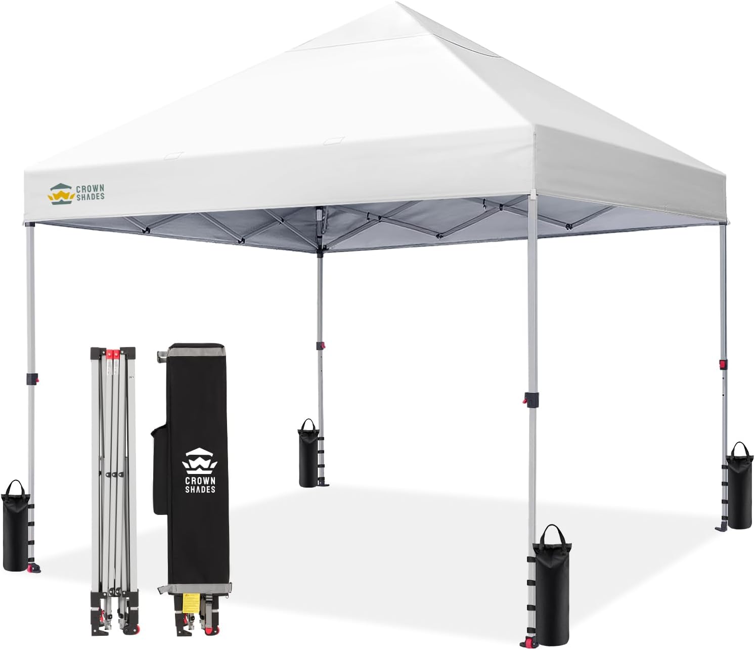 Crown Shades 10x10 Pop Up Canopy - Beach Tent with One Push Setup - Outdoor Sun Shade for Events, Parties, Camping - Gazebo with STO-N-Go Cover Bag, Silver Coated Top, 3 Height& 4 Sand Bags, Yellow woonhhop
