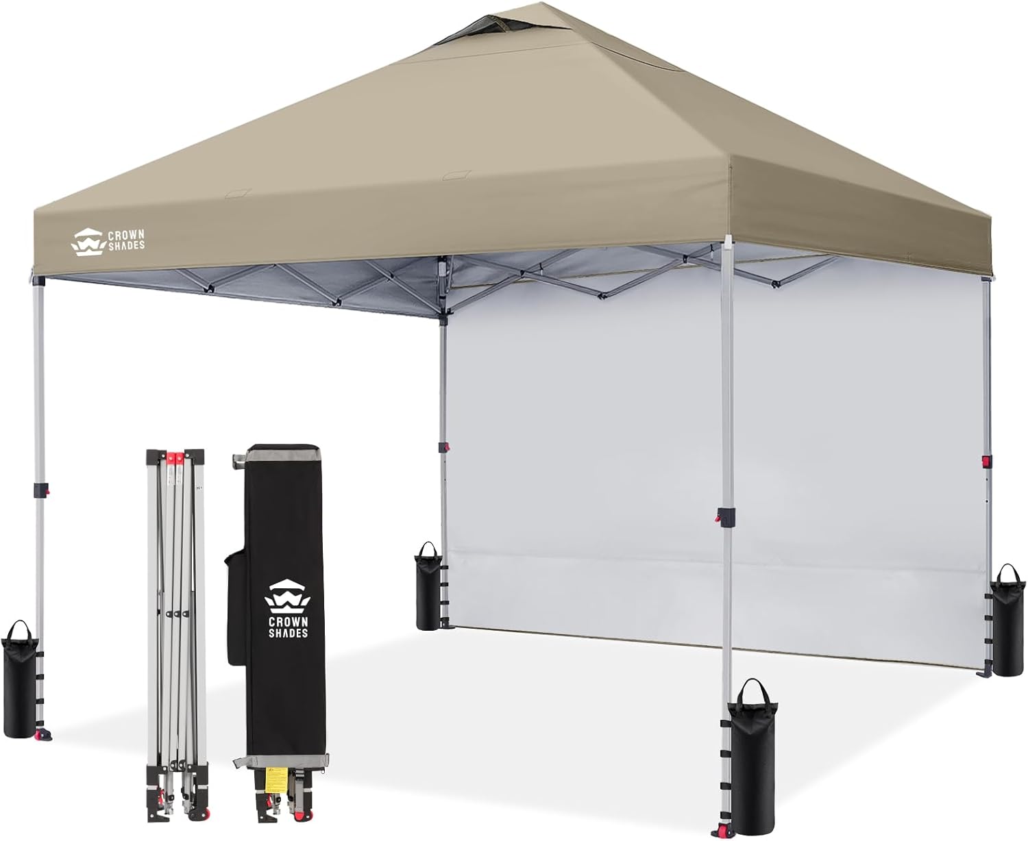 CROWN SHADES 10x10 Pop Up Canopy with 1 Side Wall - Beach Tent with One Push Setup - Outdoor Sun Shade for Events, Parties, Camping - Gazebo with STO-N-Go Cover Bag (White) woonhhop