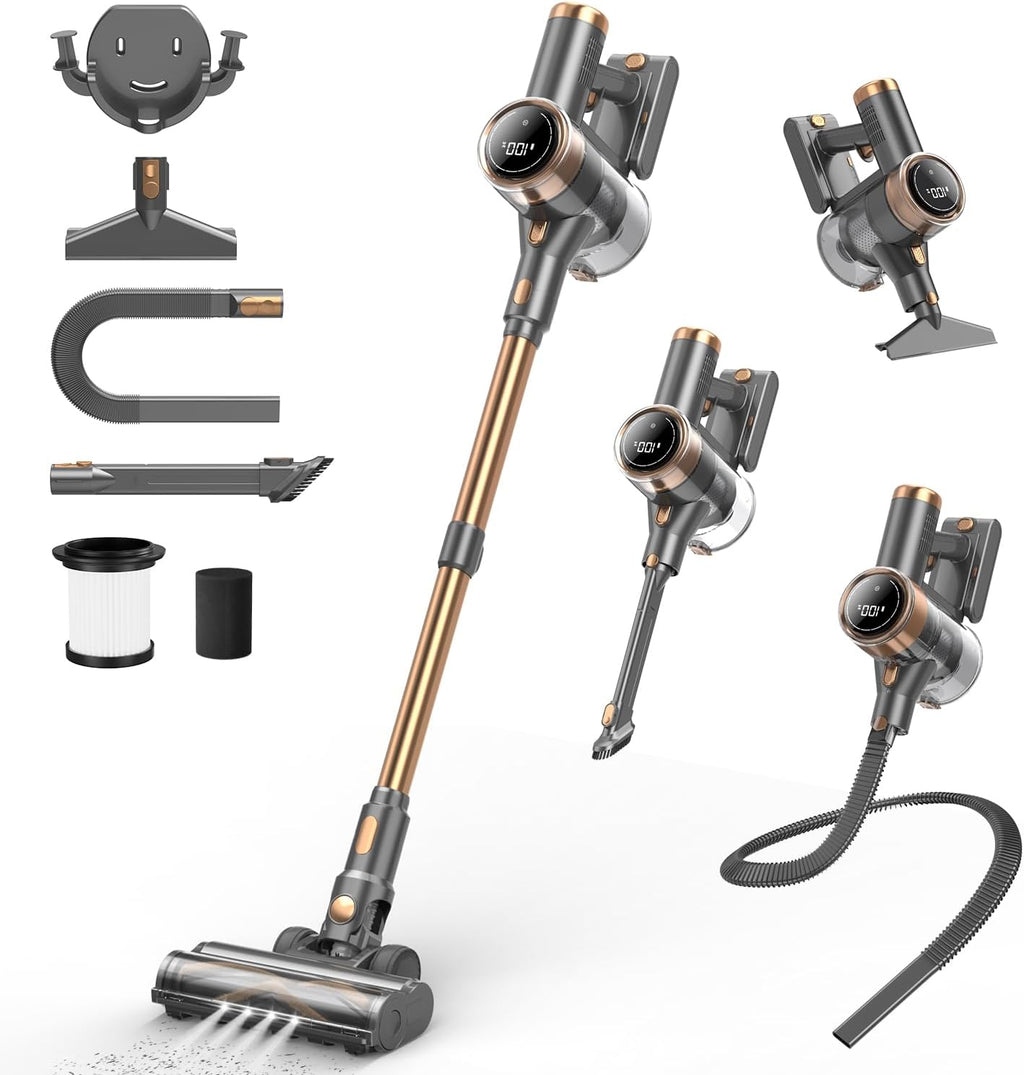 Cordless Vacuum Cleaner, 10-in-1 Lightweight Stick Vacuum with 45mins Runtime, Powerful Suction, LED Touch Screen, Rechargeable Vacuum Cleaners for Home Hardwood Floor Carpet Pet Hair (Gold) woonhhop