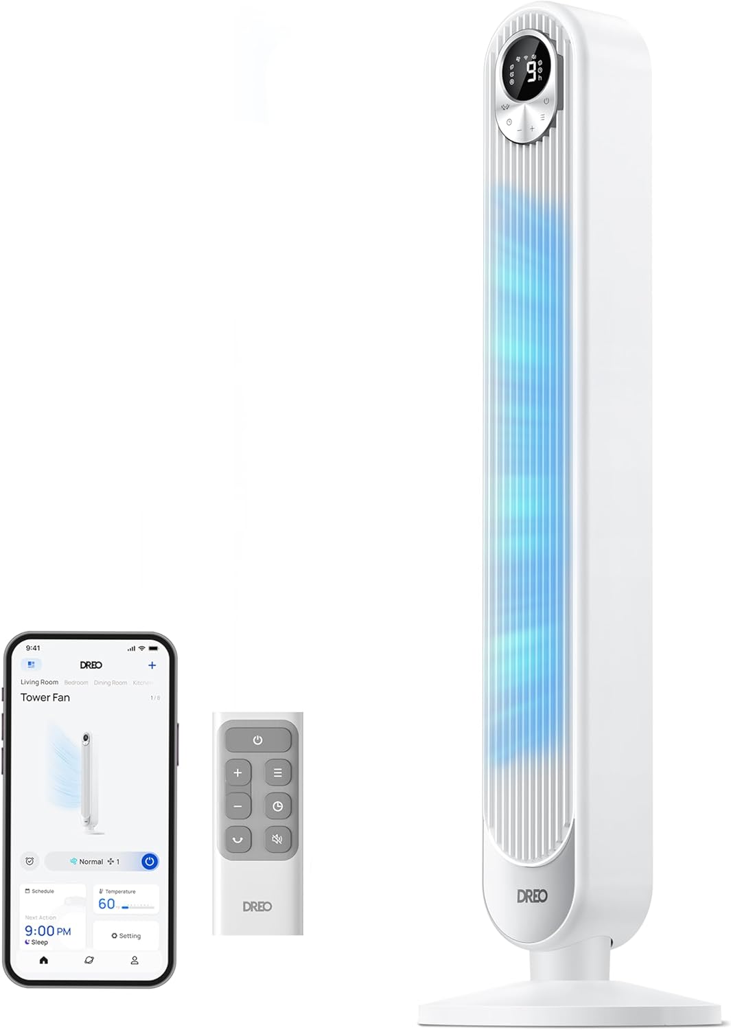 Dreo Smart Tower Fan WiFi Voice Control, Works with Alexa/Google,Floor Standing Bladeless Oscillating Fan with Remote, 6 Speeds, 4 Modes, 12H Timer, for Indoor Bedroom Home Office woonhhop