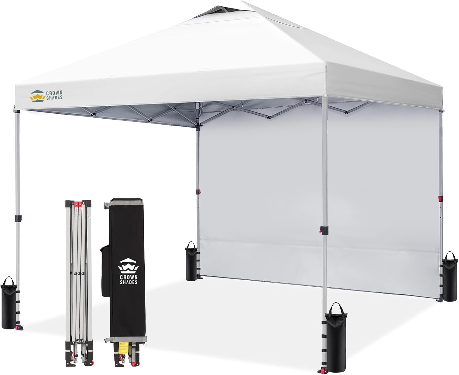 CROWN SHADES 10x10 Pop Up Canopy with 1 Side Wall - Beach Tent with One Push Setup - Outdoor Sun Shade for Events, Parties, Camping - Gazebo with STO-N-Go Cover Bag (White) woonhhop