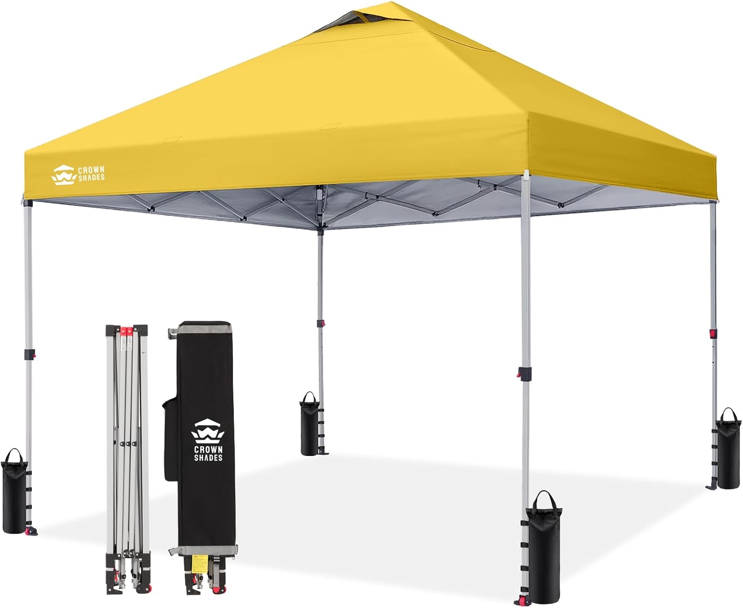 Crown Shades 10x10 Pop Up Canopy - Beach Tent with One Push Setup - Outdoor Sun Shade for Events, Parties, Camping - Gazebo with STO-N-Go Cover Bag, Silver Coated Top, 3 Height& 4 Sand Bags, Yellow woonhhop