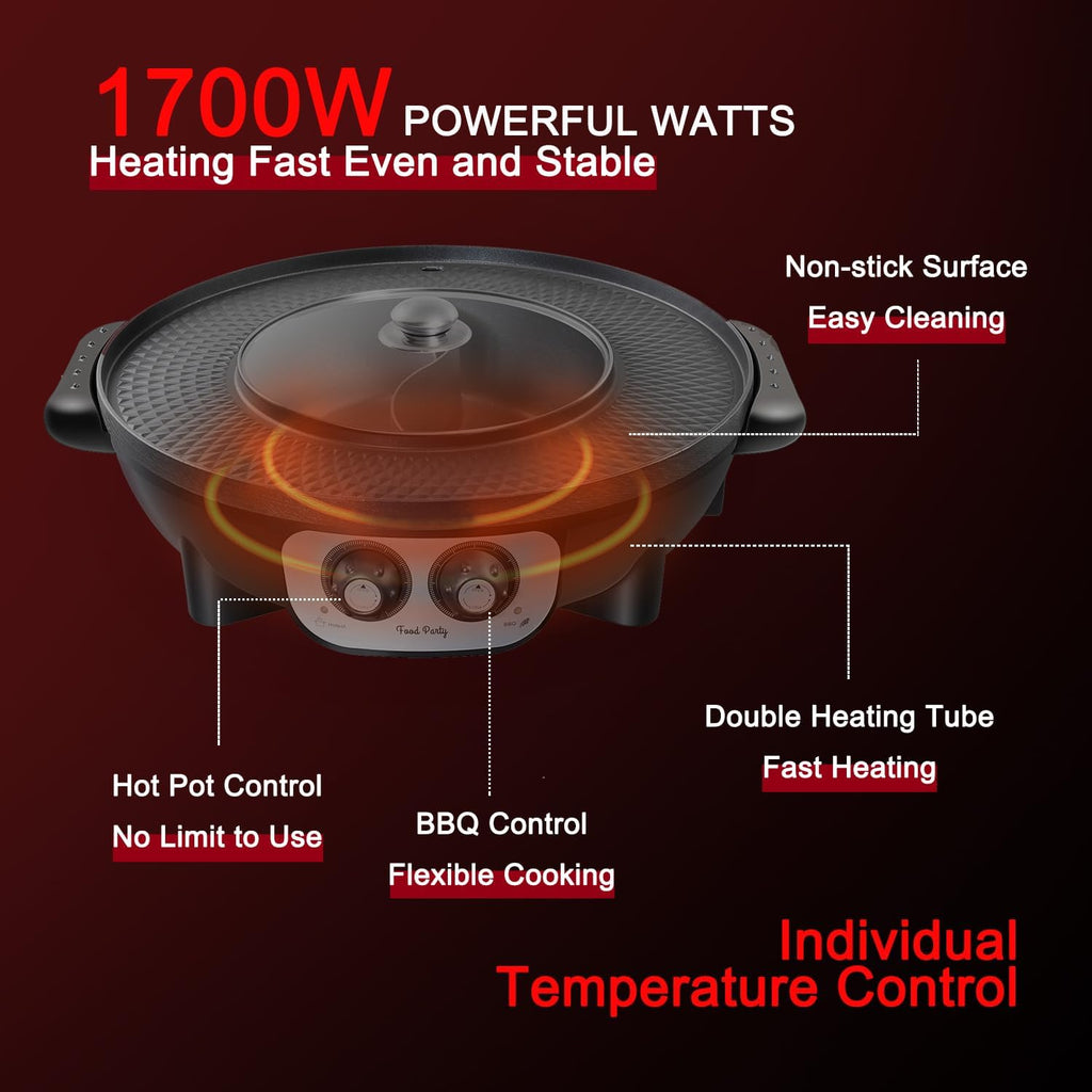 Food Party Hot Pot with Grill 2 in 1 Electric Smokeless Grill and Hotpot Pot Combo Korean BBQ Grill 110V 1700W woonhhop